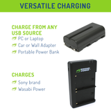 Sony NP-F330, NP-F530, NP-F550, NP-F570 (L Series) Battery (2-Pack) and Micro USB Dual Charger by Wasabi Power