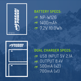Fujifilm NP-W126, NP-W126S Battery (2-Pack) and Micro USB Dual Charger by Wasabi Power