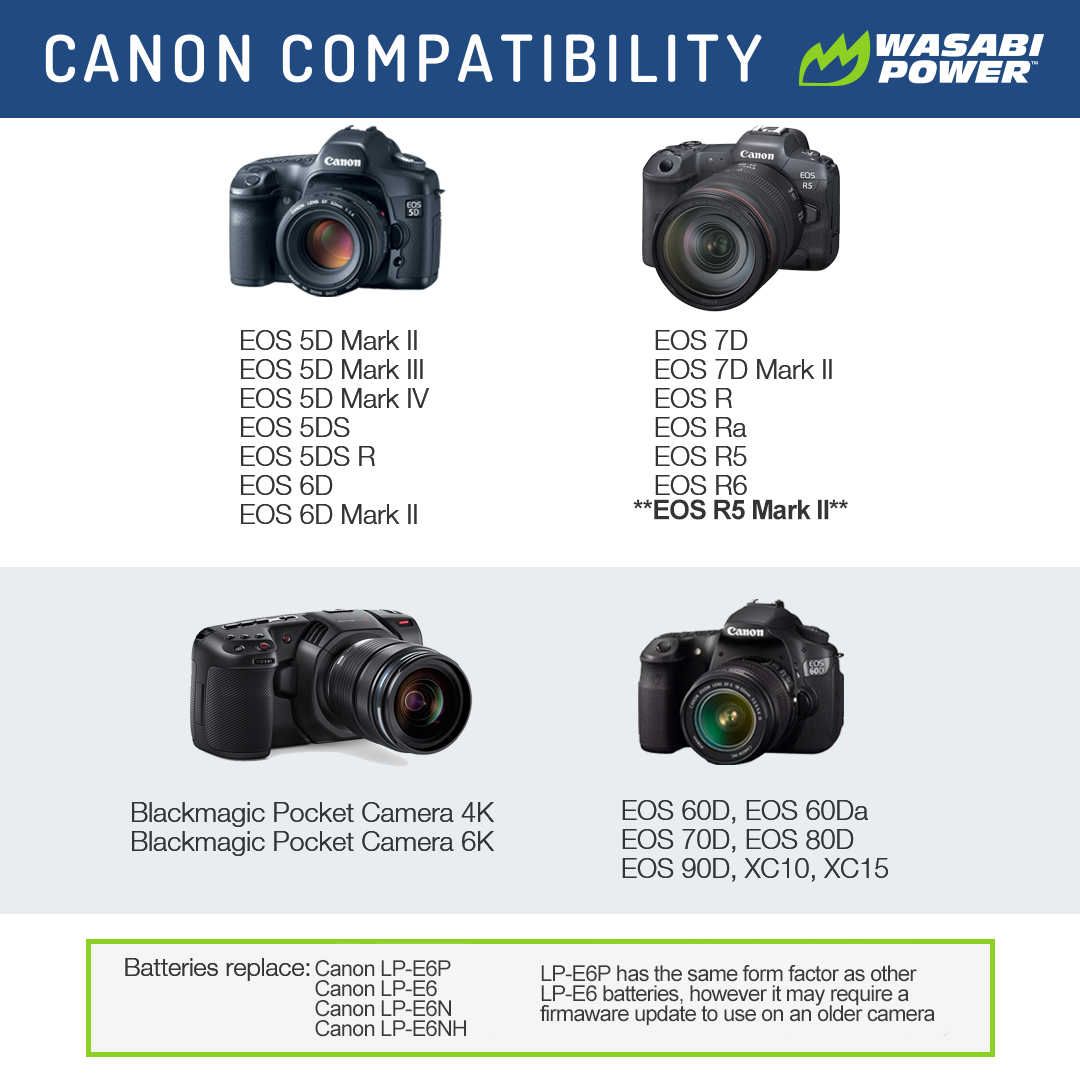Canon LP-E6P Battery (2-Pack) and Dual Charger by Wasabi Power Canon LP-E6P Battery (2-Pack) and Dual Charger by Wasabi Power