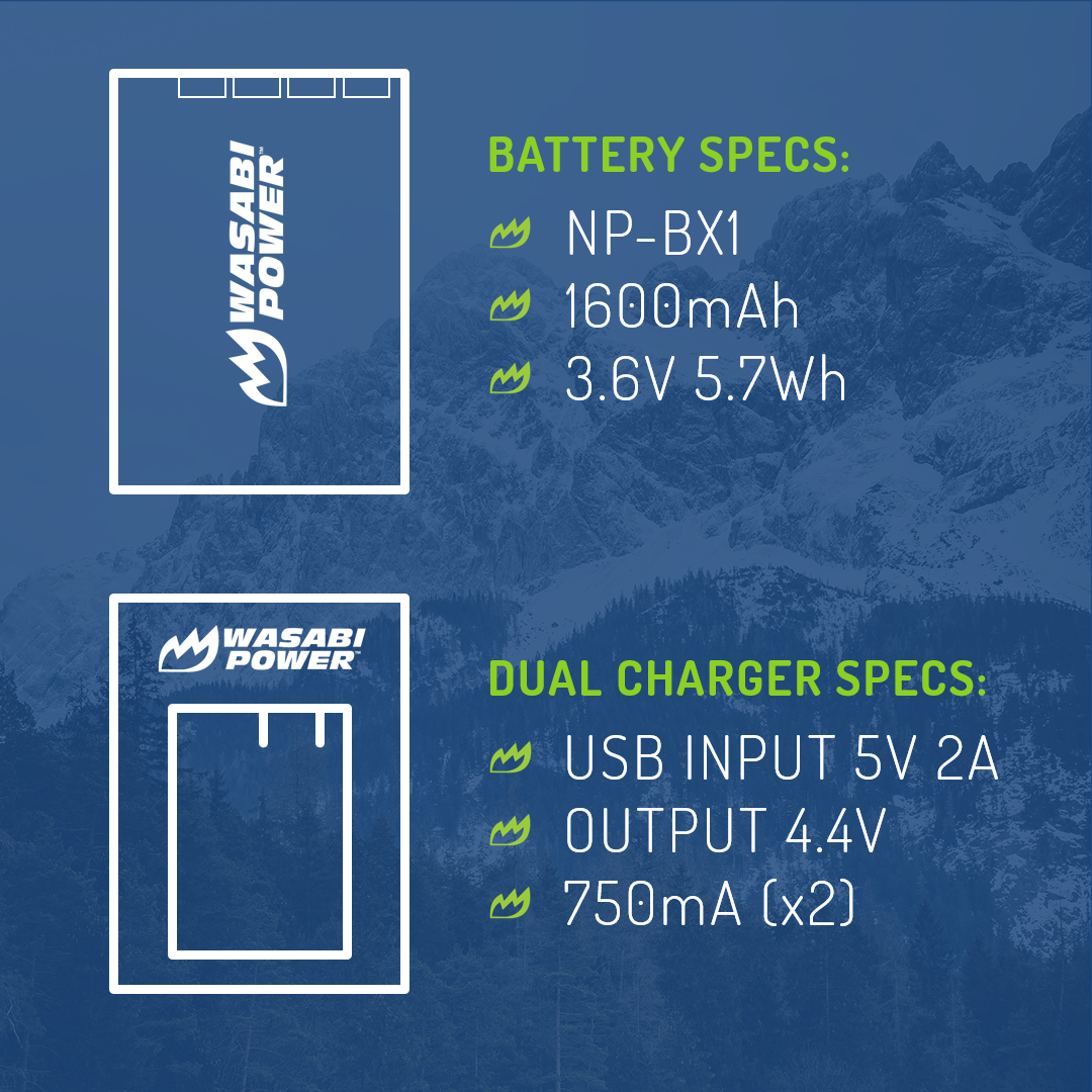 Sony NP-BX1, NP-BX1/M8 Battery (2-Pack) and Dual Charger by Wasabi