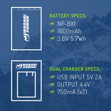 Sony NP-BX1, NP-BX1/M8 Battery (2-Pack) and Dual Charger by Wasabi Power