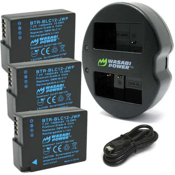 Panasonic DMW-BLC12 Battery (3-Pack) and Dual Charger (Not Fully Decoded) by Wasabi Power