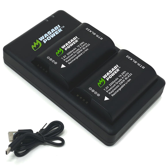 Panasonic DMW-BLK22 Battery (2-Pack) and USB-C Dual Charger by Wasabi Power