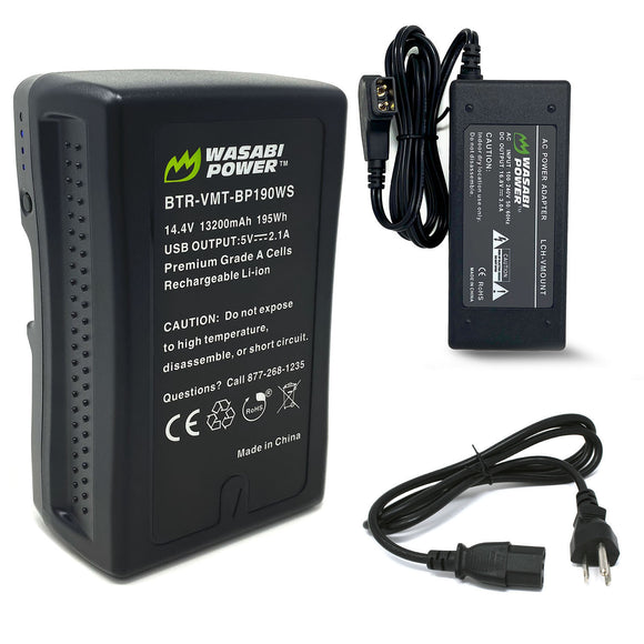 V-Mount Battery (14.4V, 13200mAh, 195Wh) and V-Mount Battery Charger with D-Tap by Wasabi Power